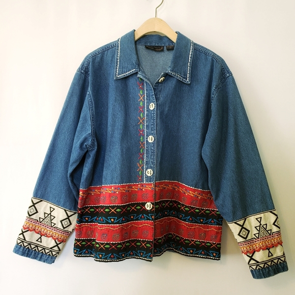 Life Style Jackets & Blazers - Aztec Southwestern Tribal Boho Embroidered Denim Jean Jacket